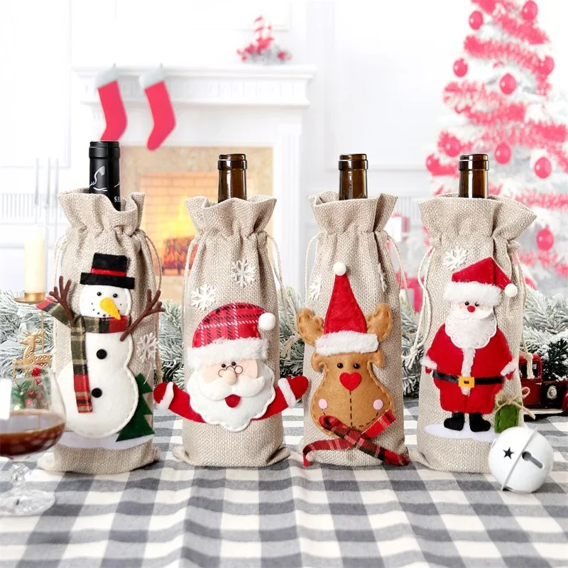 Juego de botellas de vino de Navidad, decoraciones de fiesta navideña, Santa, muñeco de nieve, alce, arpillera, bolsa de botella de vino tinto, estuche organizador de galletas de caramelo