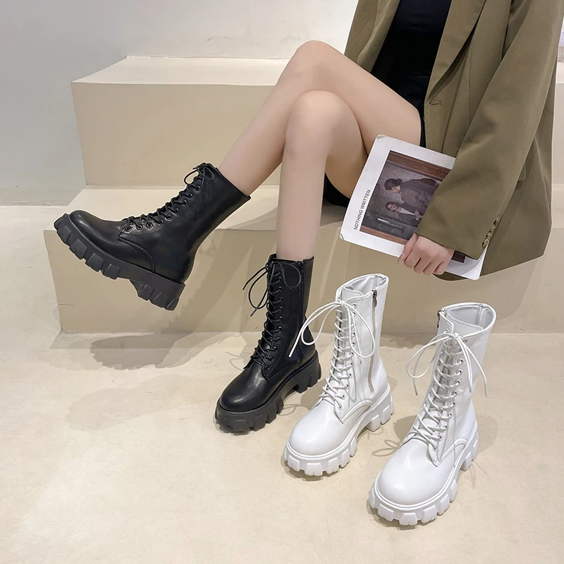 

Casual Versatile Boots Women's 2025 Spring Autumn New England Sle Thi Bot Heightening Lace-Up Mid-Calf Boots