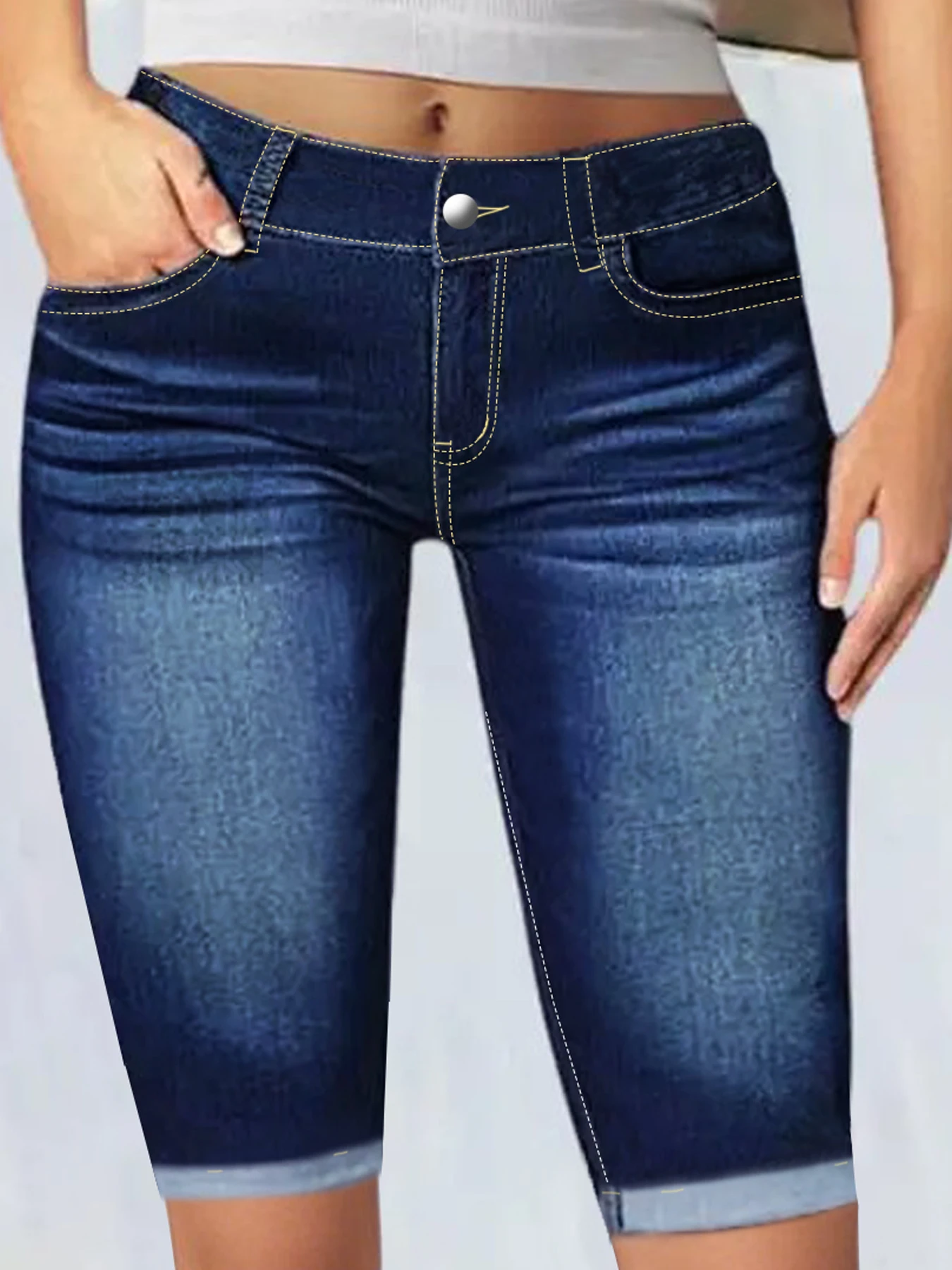 

plus Size High-Waist Denim Jeans Women Slimming Leg Lengthening Washed Simple plus Size Women's Five-Quarter Denim Jeans
