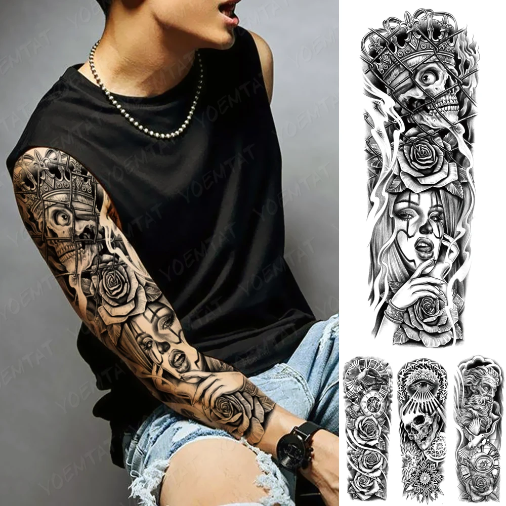 

Large Full Arm Sleeve Tattoo Gothic Skull King Waterproof Temporary Tatoo Sticker Crown Rose Sexy Girl Art Fake Tatoo Men Women