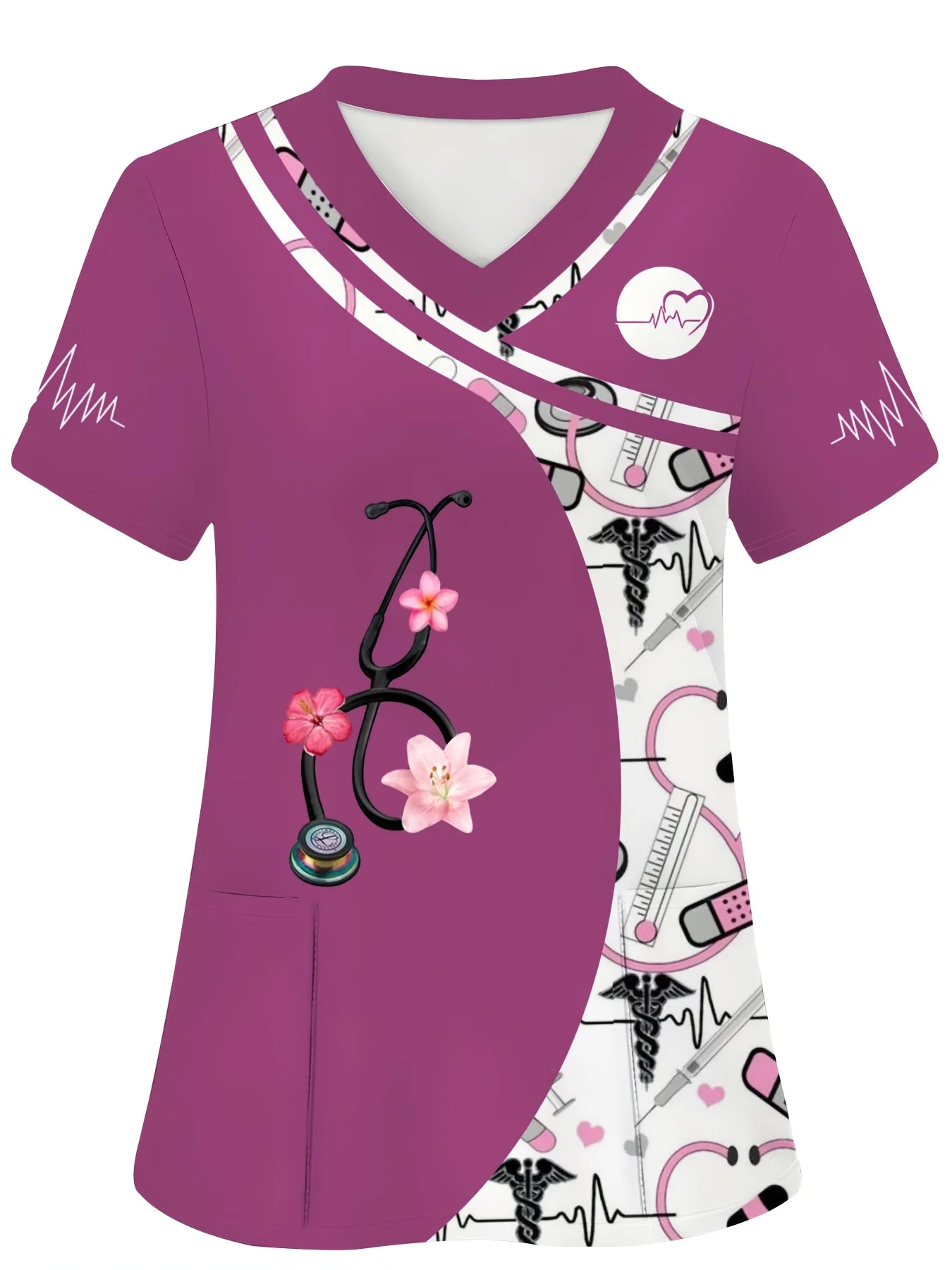 Women's Heartbeat Lifeline Scrub Top Clinical Uniform Woman Print Scrub Tops Beauty Salon Work Clothes Workwear Tee