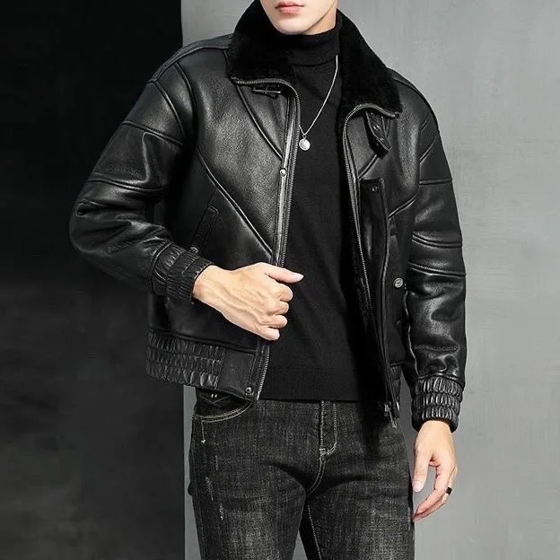 

Faionable Thiened Leather Jaet Men's Autumn Winter Slim Fit Casual ort Biker Coat with Fce Urban Sle Polyester F...