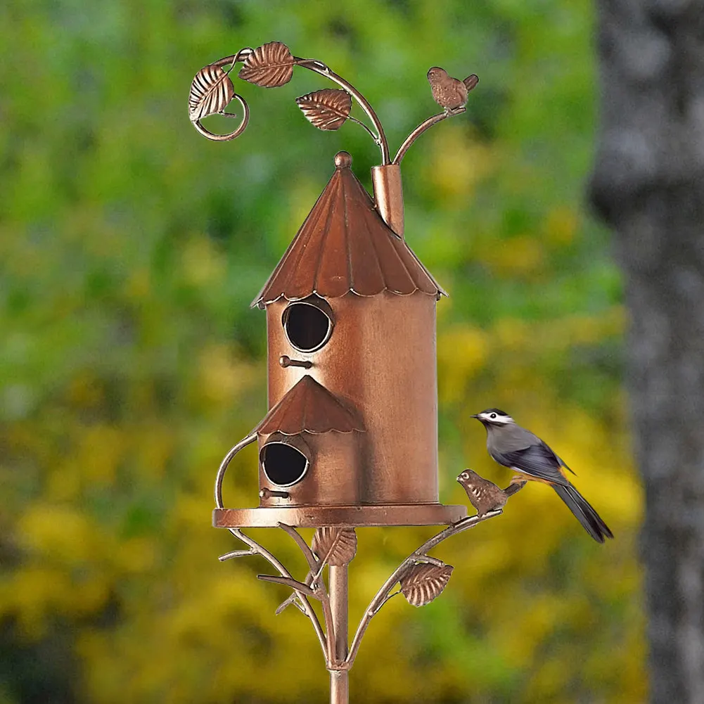 Birdhouse Garden Stakes Outdoor Decor Metal Bird House Art Crafts Bird Feeders Miniatures for Outdoor Garden Decorations view 3