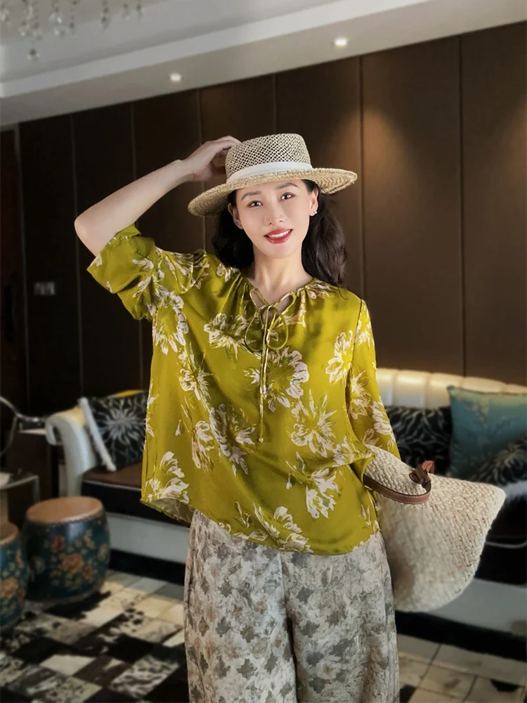 

Ele New Chinese Retro Embroidered Silk Women's irt round Ne Tie Loose Seven Sve Versatile irt Fanyoo S50902