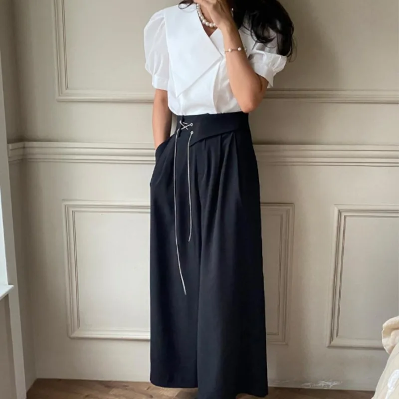 Neploe Irregular Lapel Neck Puff Sleeve White Shirts Women+ High Waist Chains Straight Wide Leg Pants 2024 New Two Piece Sets