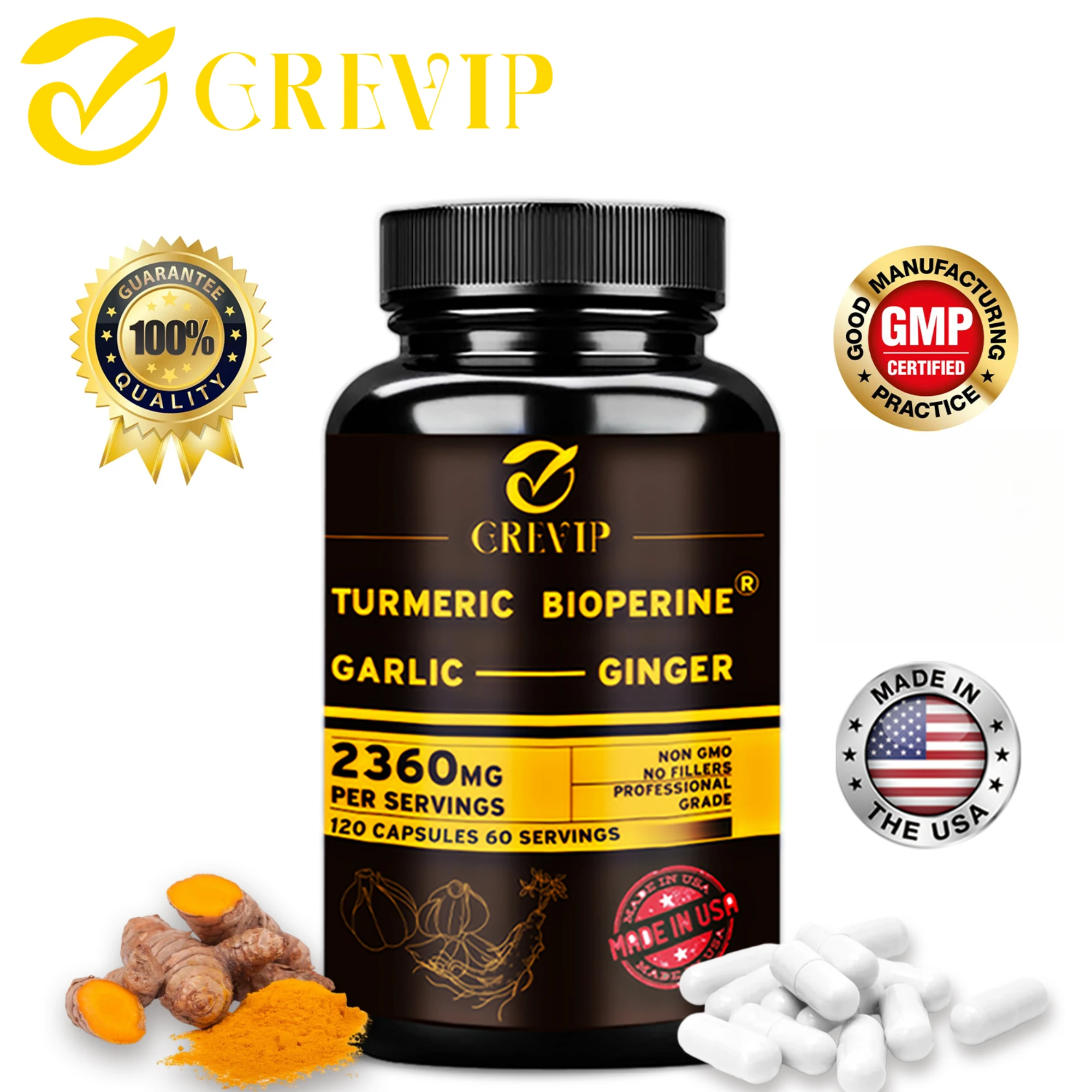 

4-in-1 Turmeric Ginger Supplement - with Garlic Curcumin Black Pepper - Joints,Immune Support,Improves Digestion - 120 Capsules