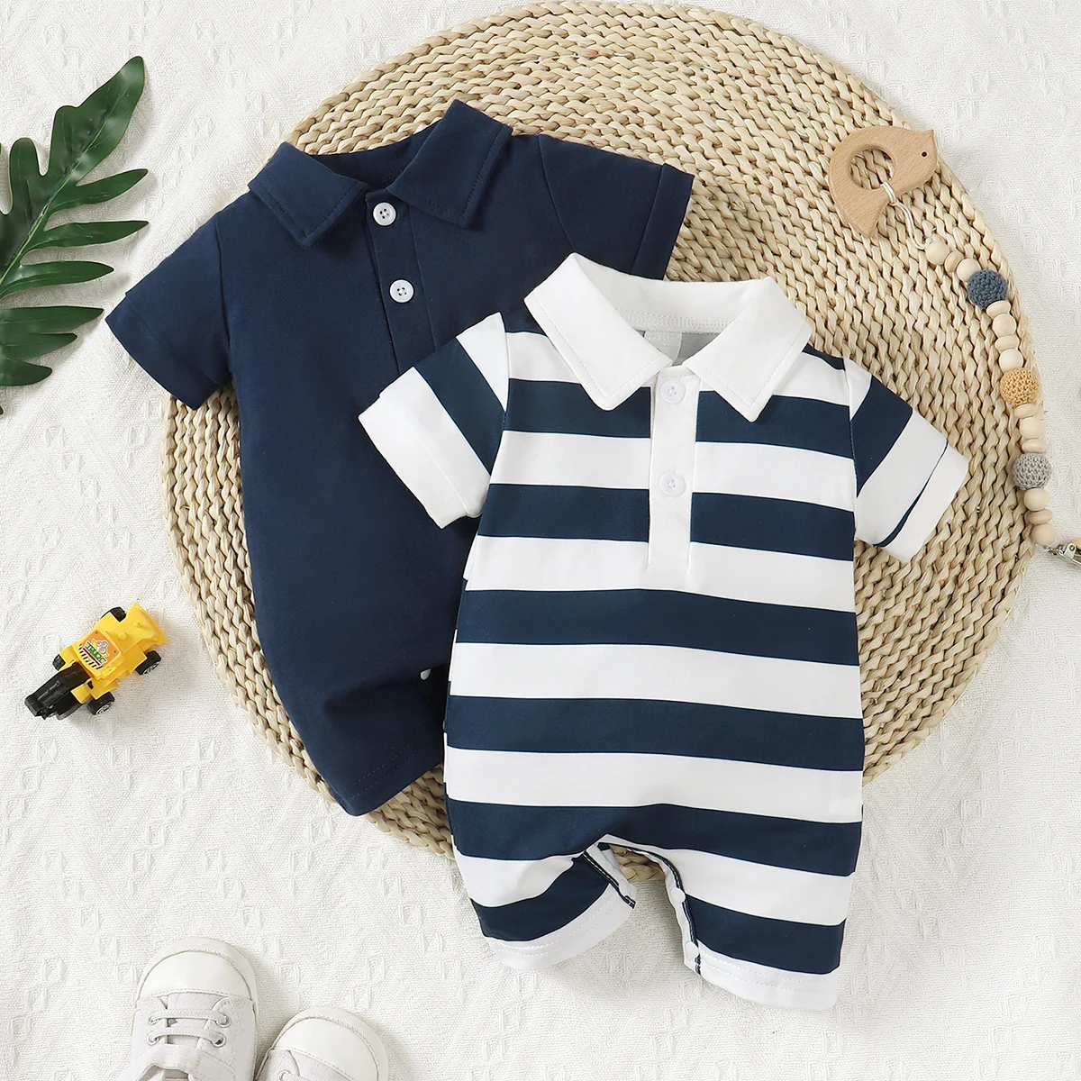 Summer Baby Boy 2pcs Cute Casual Solid Color And Striped Collared Short Sleeve Romper With Button Closure