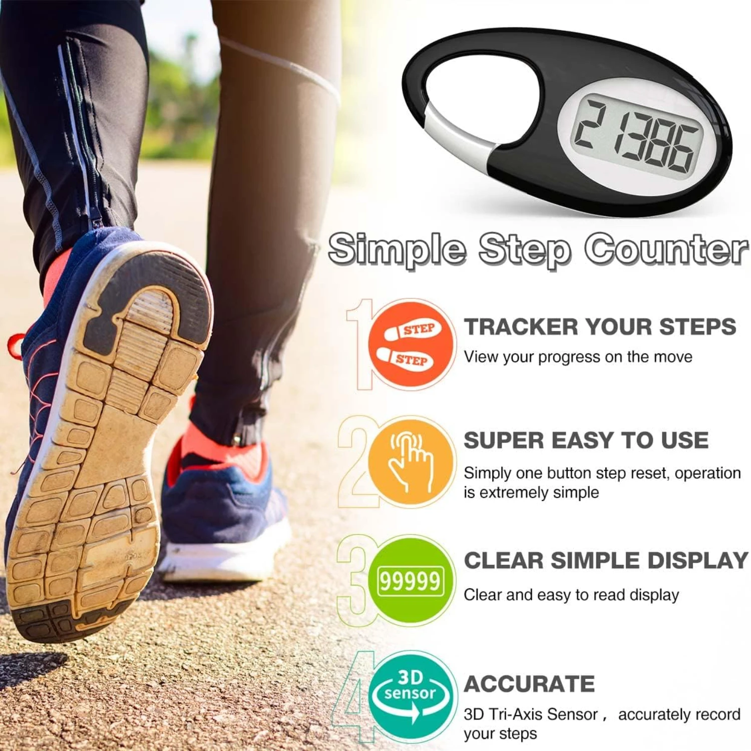 

Reliable 3D Walking Pedometer with Neck Lanyard and Carabiner - Secure Steps Tracker for Men, Women, Teens, Seniors - Efficient