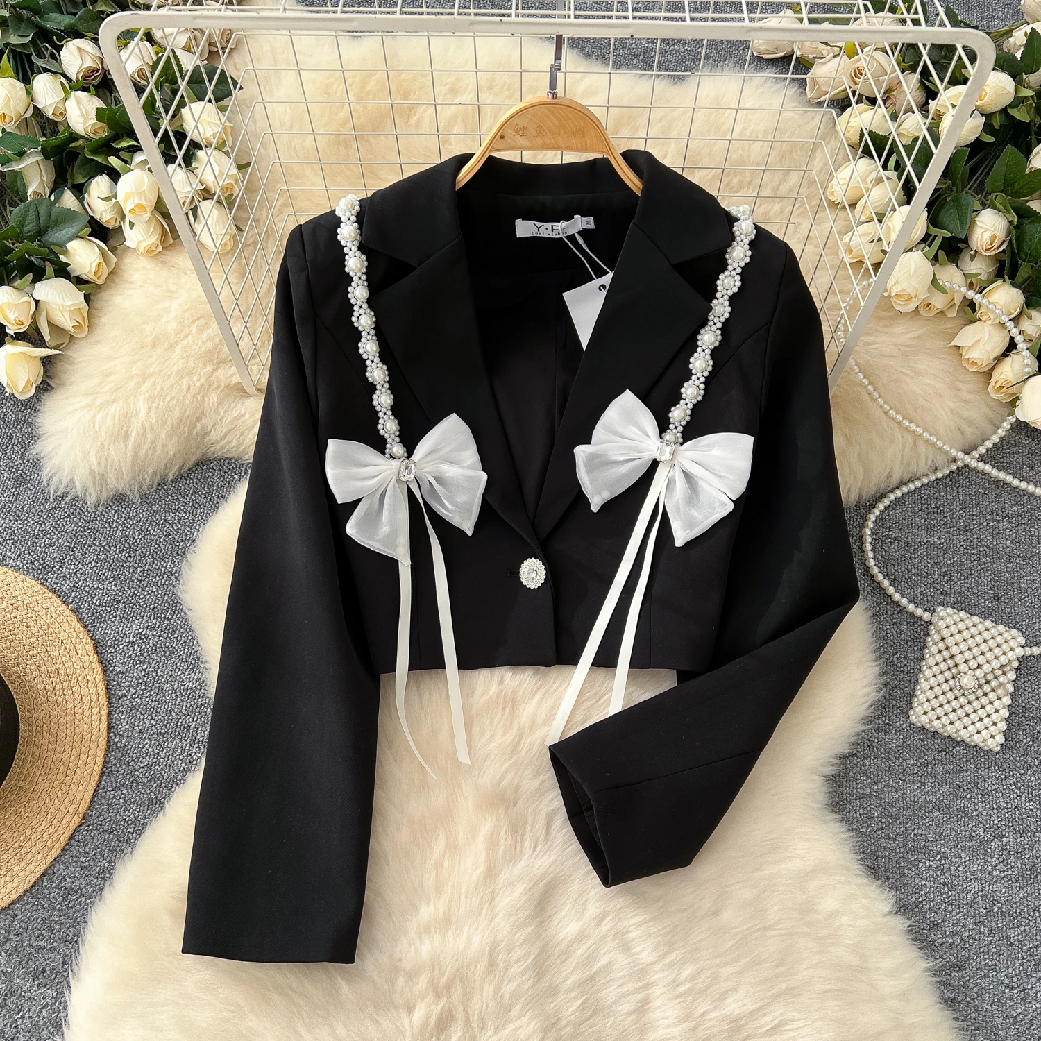 Chic Notched Basics Long Sleeve Elegant Embroidered Bead Butterfly Loose Coat French Streetwear High Street Autumn Winter Top