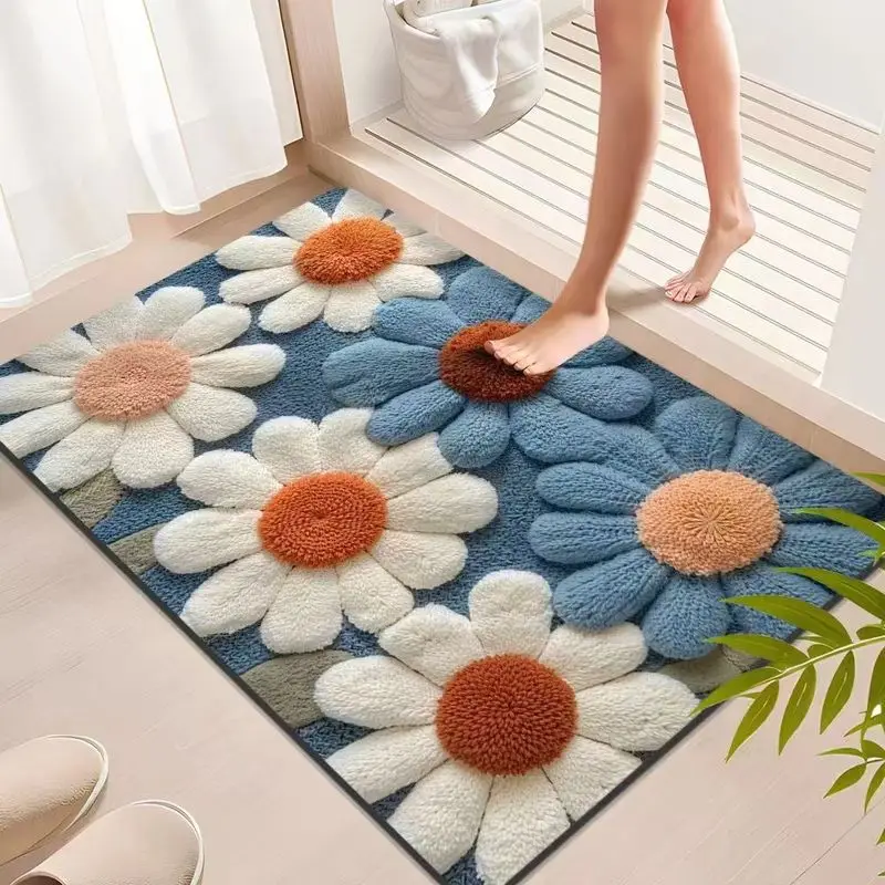 VIKAMA 3D Embossed Daisy Flower Plush Bath Mat Non Slip Water Absorbent Soft Shaggy Bathroom Entry Floor Rug
