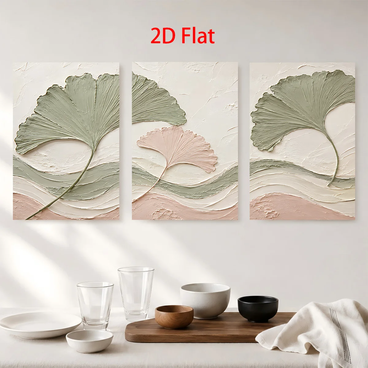 Frameless 3 Pieces 2D Flat- Three 2D flat paintings with ginkgo leaves and wavy patterns in soft colors. Themed Canvas Wall A