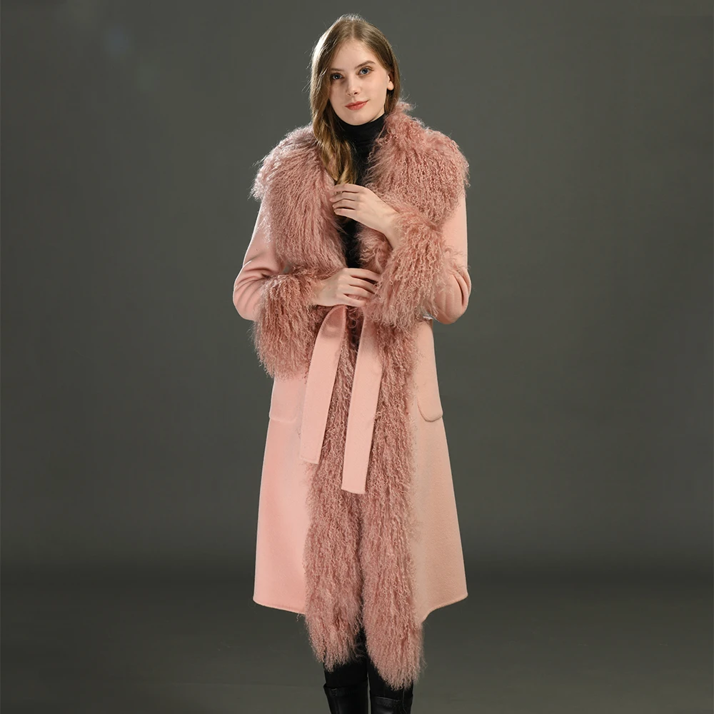 Jxwatcher Women's Double Faced Cashmere Long Coat Fluffy Real Mongolian Sheep Fur Coats Fall Winter Fashion New In Wool Overcoat