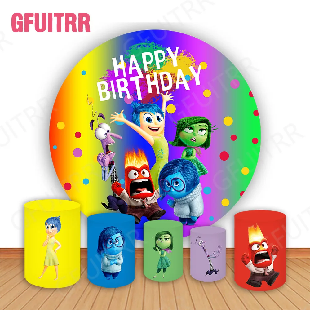 Disney Inside Out Round Backdrop Kids Birthday Party Cylinder Covers Baby Shower Cartoon Rainbow Circle Covers Photo Background