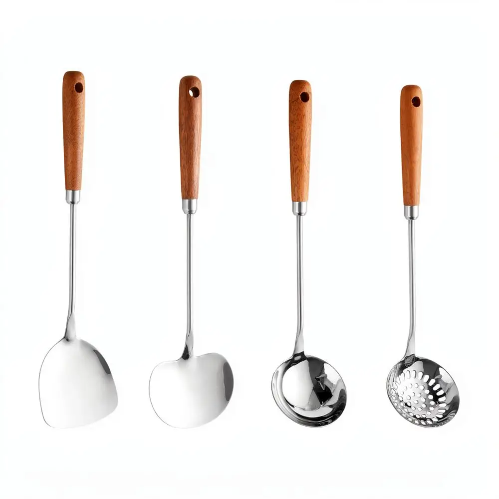 High Quality 304 Stainless Steel Mini Kitchen Shovel Sapele Wood Handle Cooking Soup Spoon Hot Pot Skimmer Gadget