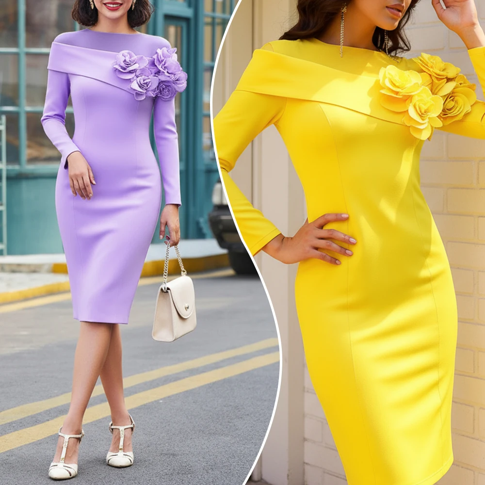 여성 프렌치 스타일 가을 원피스 2025 레몬 옐로우 색상 3D 꽃 자수 긴 소매 라운드 넥 A라인 미니 의상