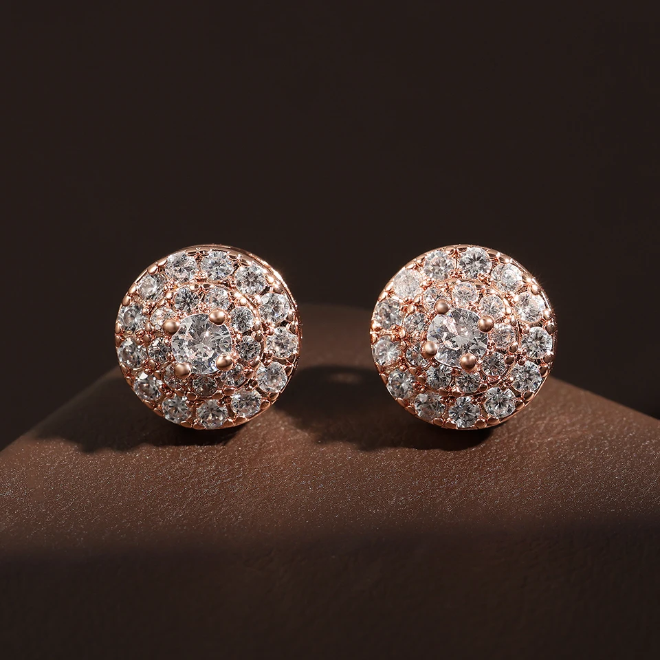 Hip Hop Rock Round Copper Zirconia Stud Earrings Silver/Gold Color Metal Crystal Ear Jewelry For Men Women Party Gift