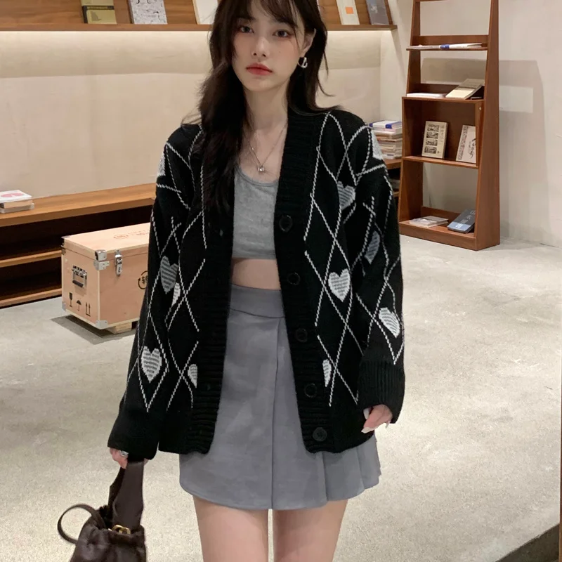 2023 Fall Oversized Cardigan Women Fashion V Neck Black Sweater Heart Jacquard Loose Single Breasted Winter Clothes Office Lady