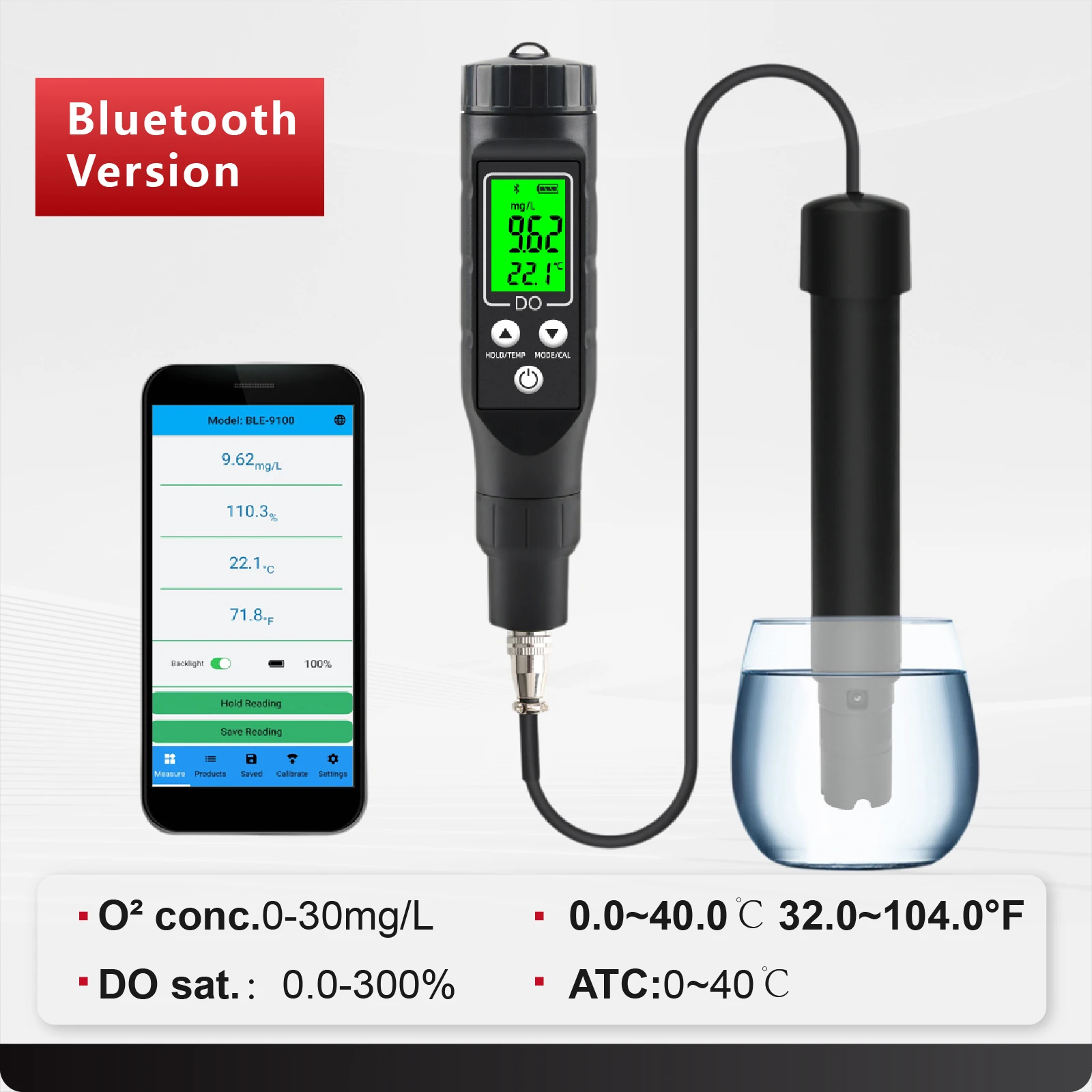 Dissolved Oxygen Meter Digital DO Tester with ATC Sensor Dual Point Calibration IP67 Waterproof for Aquarium