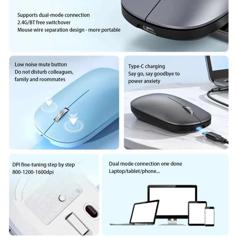 Xiaomi 2.4G ماوس لاسلكي Type-C ماوس بلوتوث قابل لإعادة الشحن 1600 ديسيبل متوحد الخواص انقر صامت لعبة مكتب محمولة بدون ضوضاء الفئران لأجهزة الكمبيوتر المحمول #4