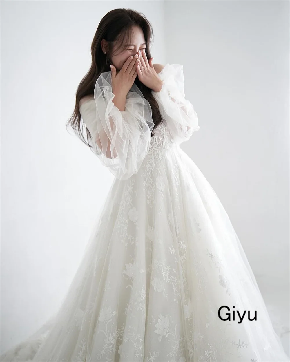 Giyu Fairy Full Lace Followers Korea Wedding Dress For Woman Detachable Shawl And Shoulders Floor-length 웨딩드레스 Bridal Gown