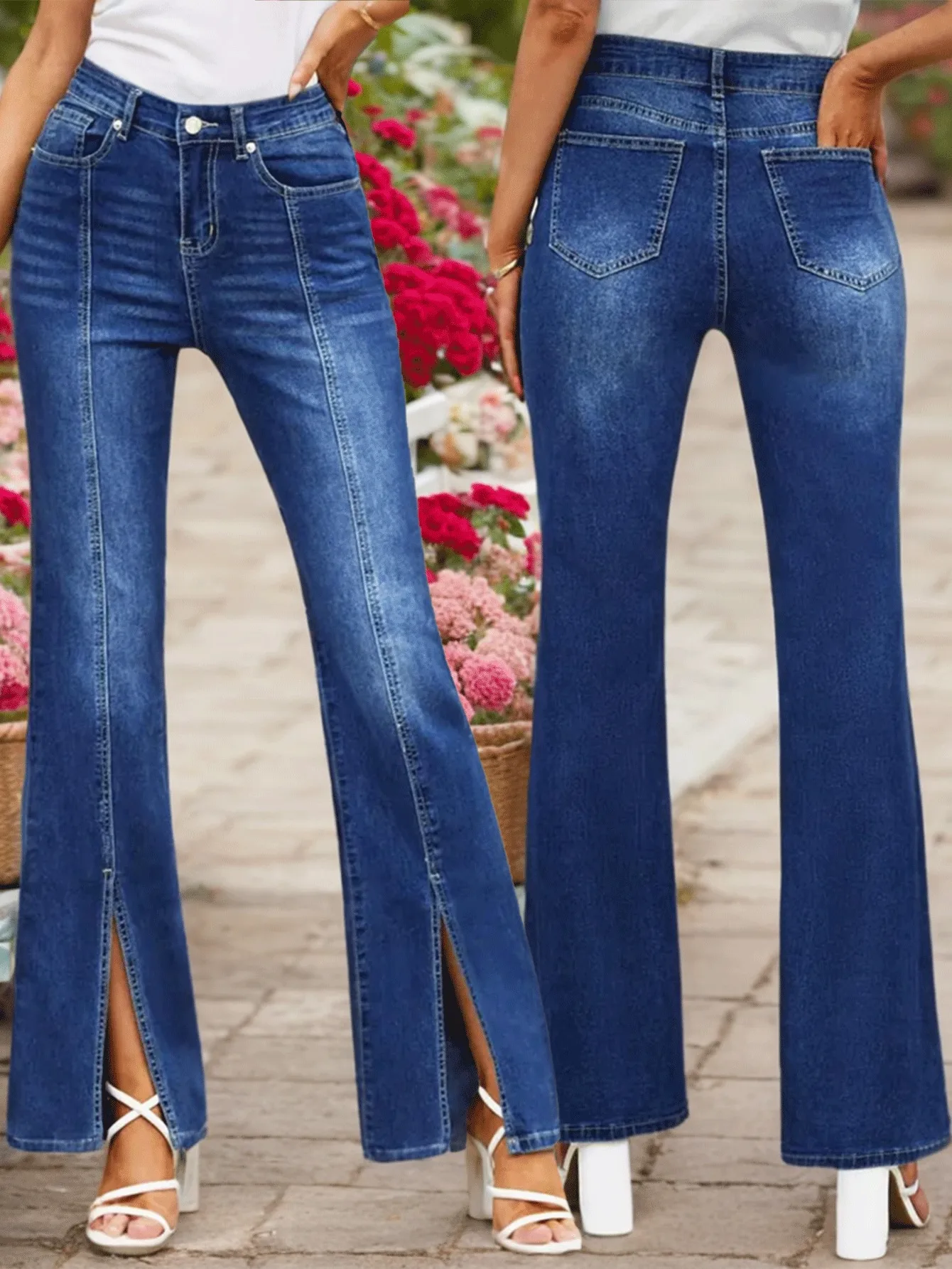 

Женские джинсы узкого кроя с разрезом темно-синего цвета — стильные и утягивающие джинсовые брюки