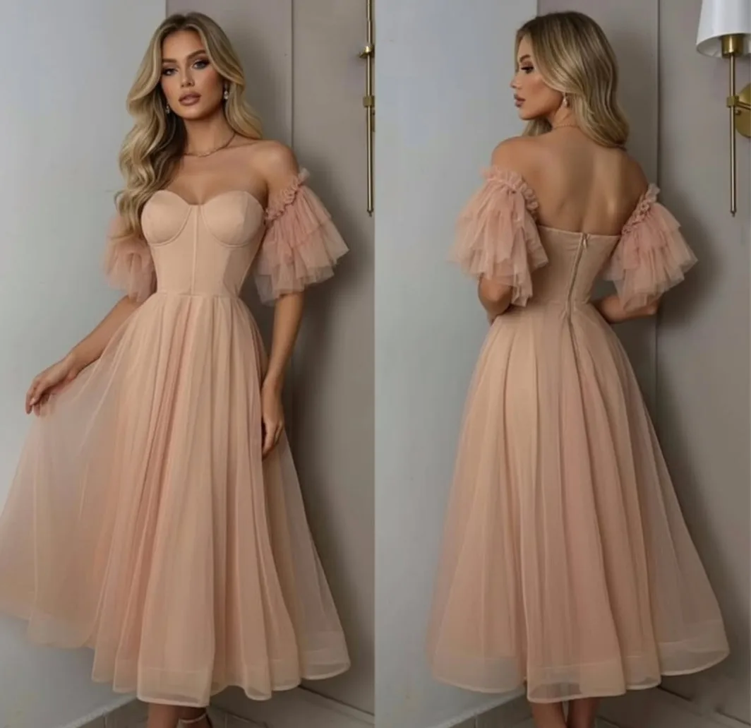 

Customized Short Sweetheart Evening Dresses Ruffled A-Line Tulle Pleated فساتين الحفلة Wedding Guest Dress for Women