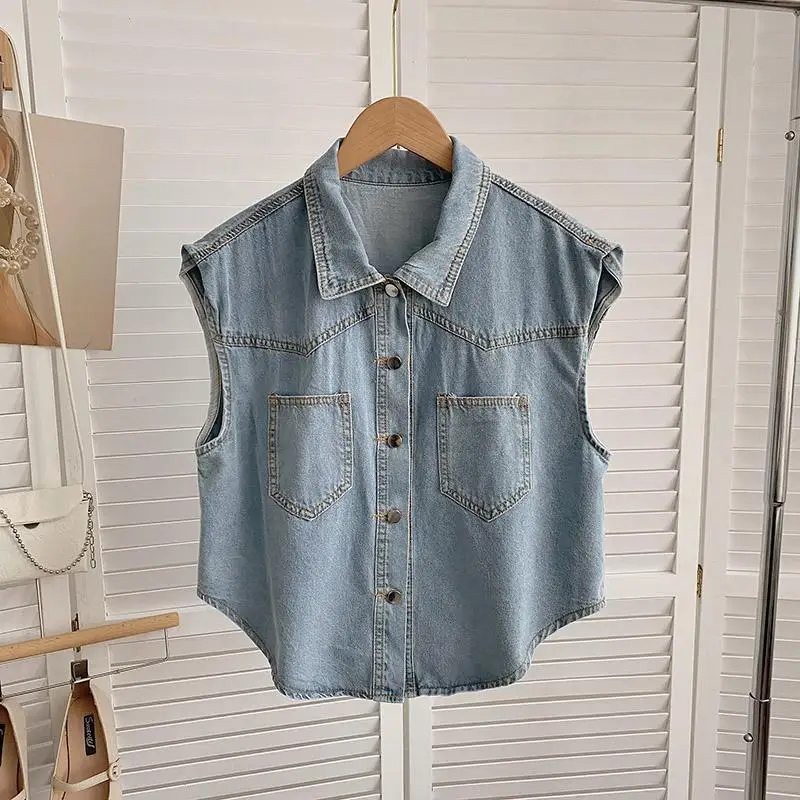 Irregular Lapel Single Breasted Blue Denim Vest Women Instagram Summer Korean Versatile Outerwear Slimming Top Ins Clothes