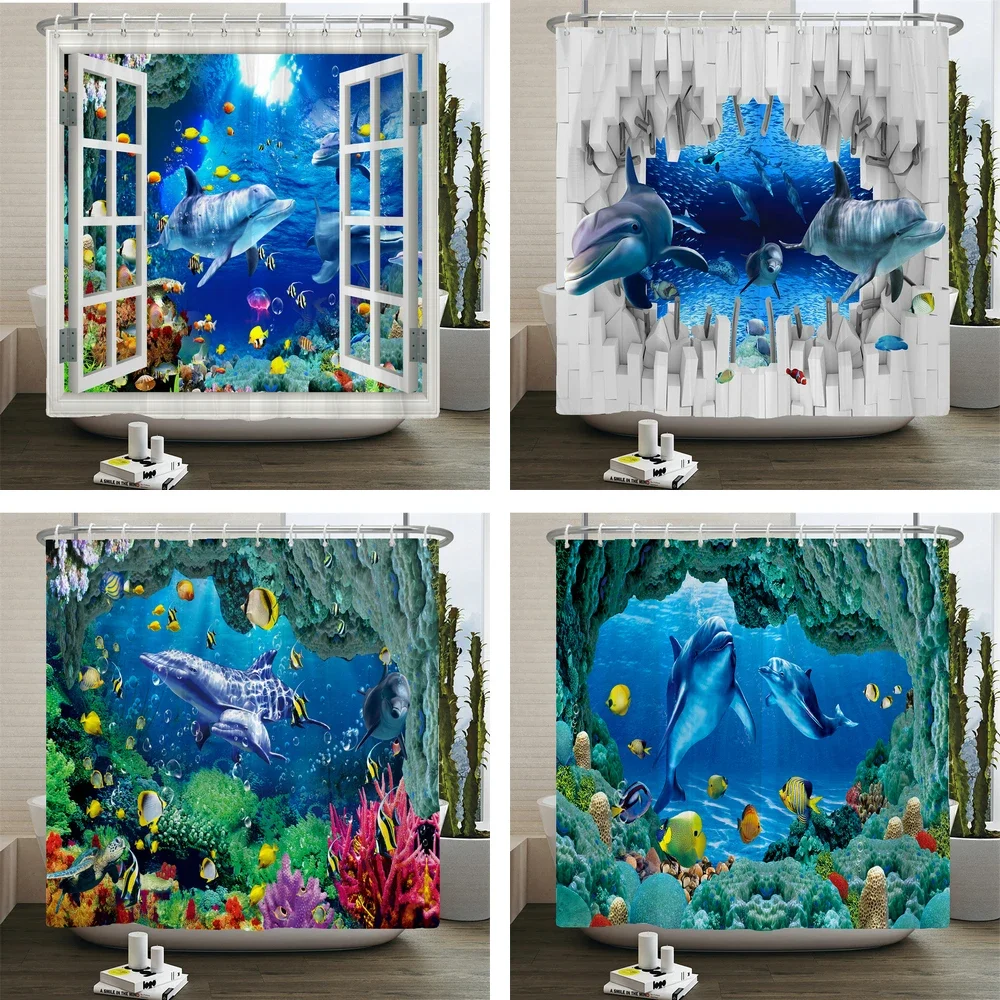 

3d Bathroom Curtains Ocean Fish Jellyfish Shell Starfish Dolphin Anchor Shower Curtain Waterproof Fabric Cartoon Boy Bath Screen