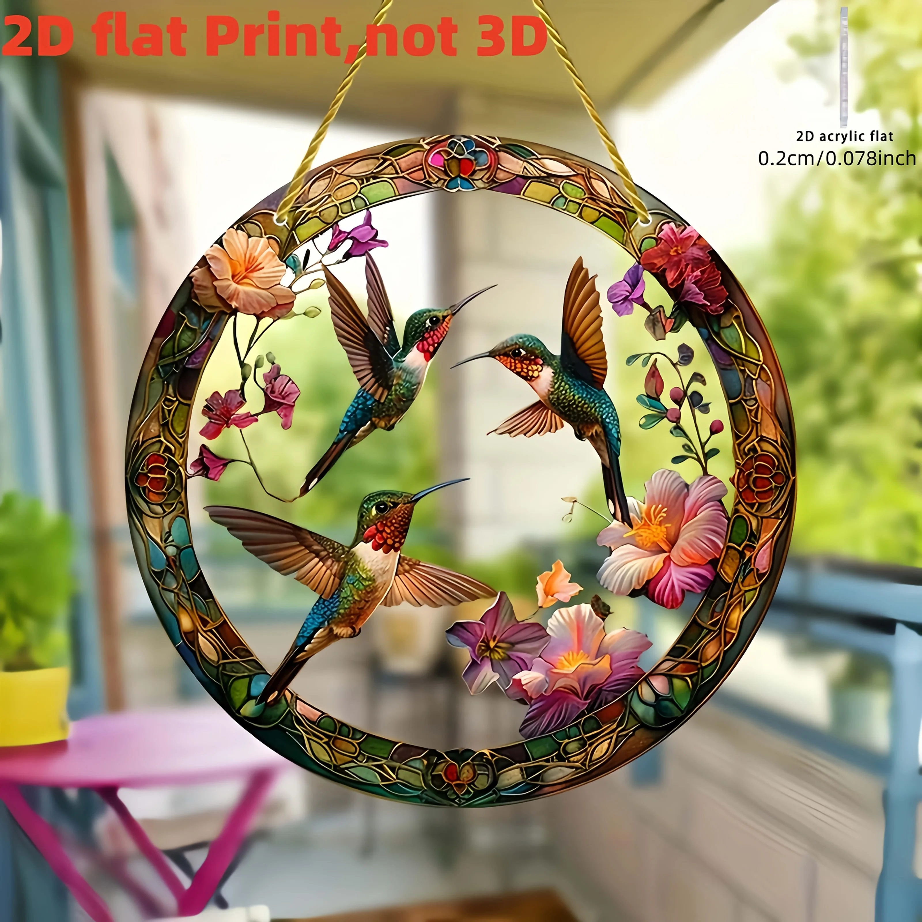 2D Flat, 1pc Hummingbird Floral Stained Glass-Style Acrylic Sun Catcher - Vibrant Round Window Hanging Decor with Colorful Flowe