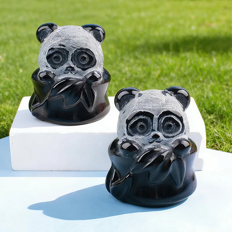 Natürliche Schwarze Obsidian-Panda-Skulptur Kristall-Panda mit Bambus Niedliche Stein-Tierfigur Reiki-Heilung Deko-Ornament Geschenk