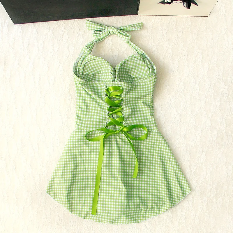 Vestido de baño para mujer, traje de baño conservador fresco, a cuadros simples, cuello Halter, Bikini Sexy sin espalda, traje de baño para vacaciones, traje de baño de una pieza