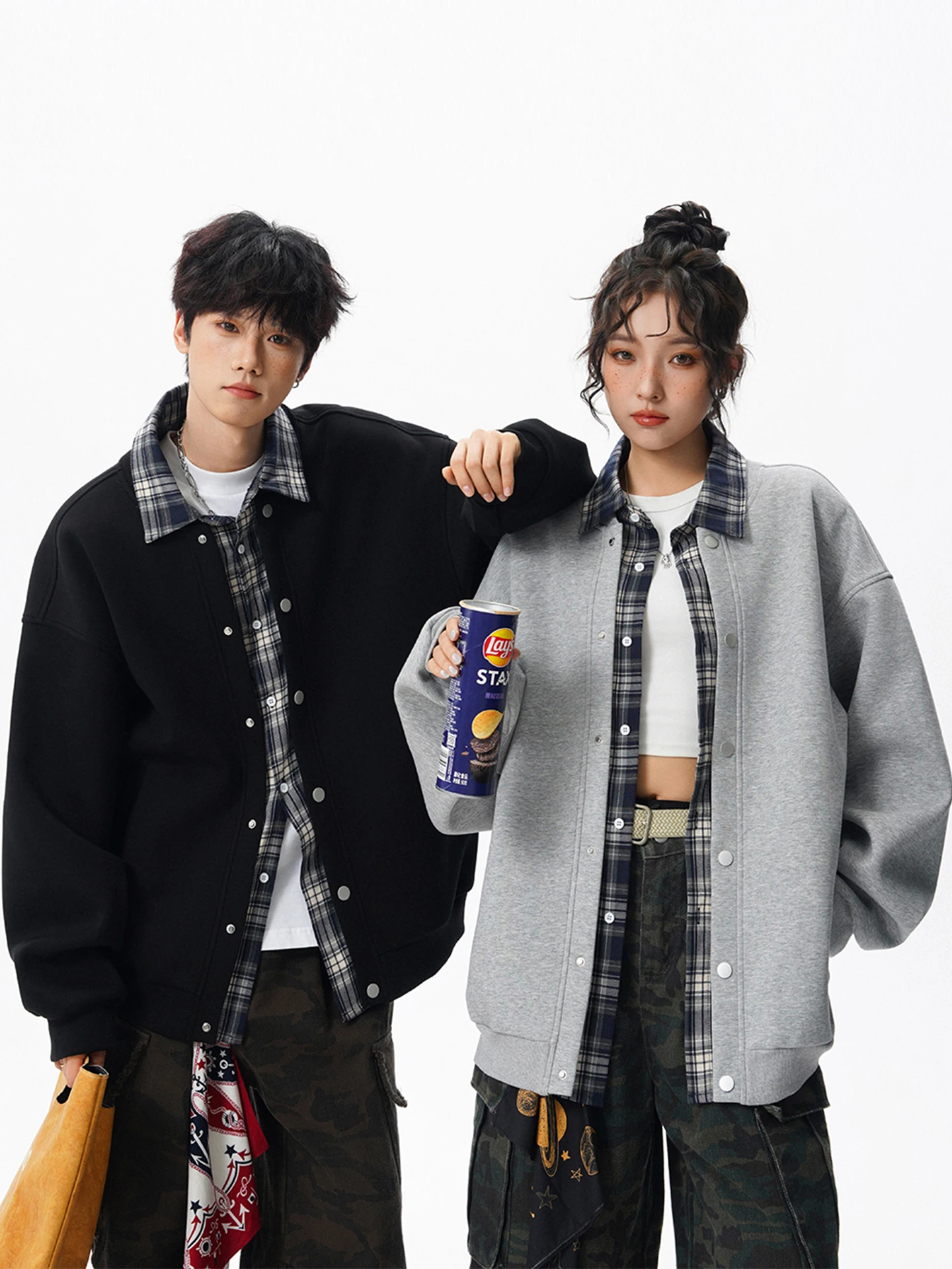 

Повседневный свободный кардиган-худи унисекс в клетку с лоскутным дизайном, осенняя модная свободная верхняя одежда с оригинальным дизайном