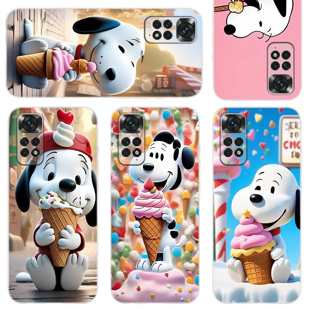 Phone Case For Xiaomi Redmi Note 11 10 9 8 7 6 Pro Max 8T 9T Lite 4G 5G Silicone Cover Snoopy Cartoon eats ice cream