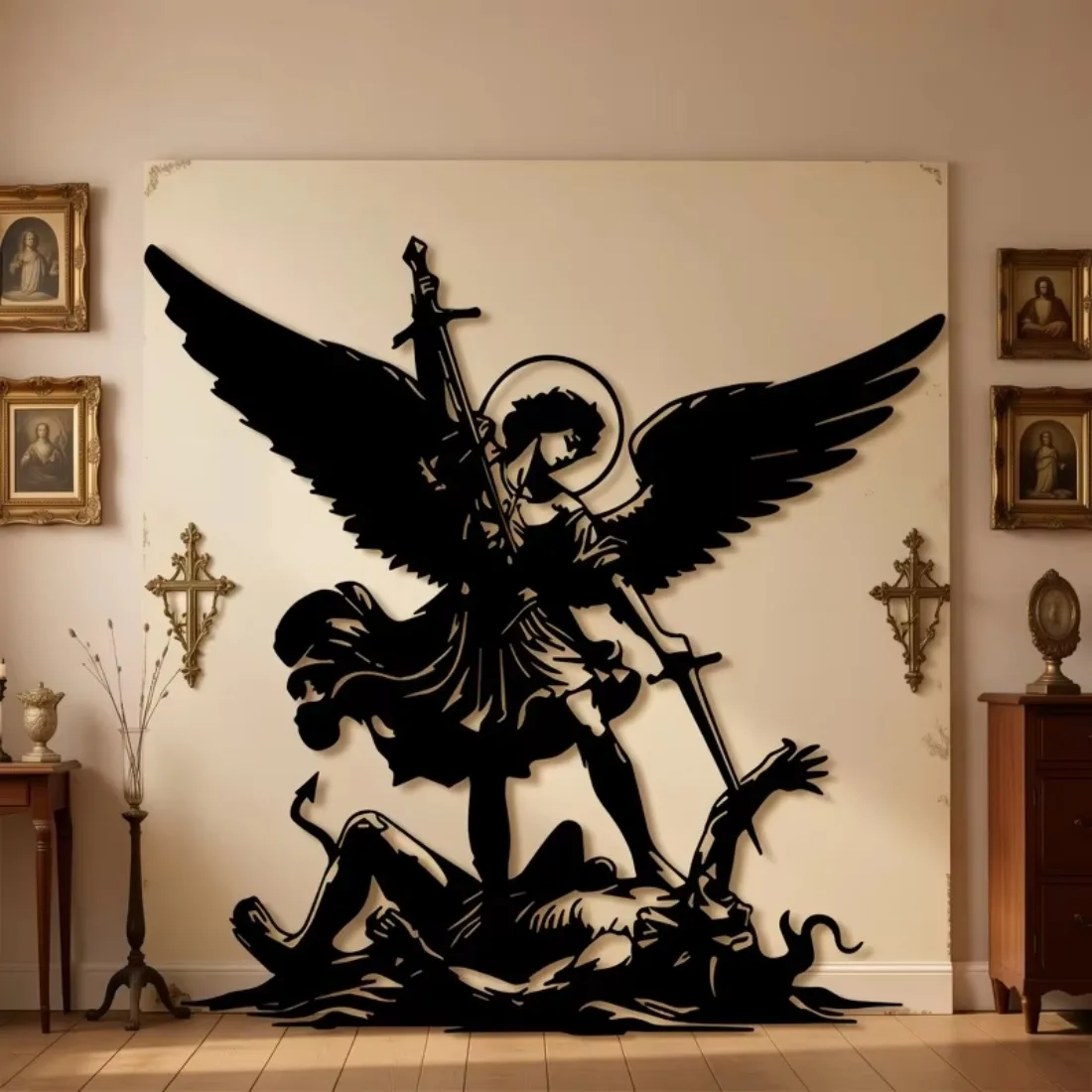 CIFBUY 1pc Sacred Angel Renaissance Sword Halo Vintage Religious Metal Wall Art Iron Hanging Sculpture Home Decor Unique Gift,