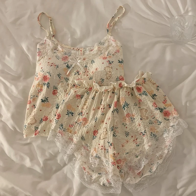 Bow Floral Suspender Pajamas With Chest Pads Women's Summer Printed Thin Lace Tops Shorts Two-piece Sleepwear Set For Sleeping