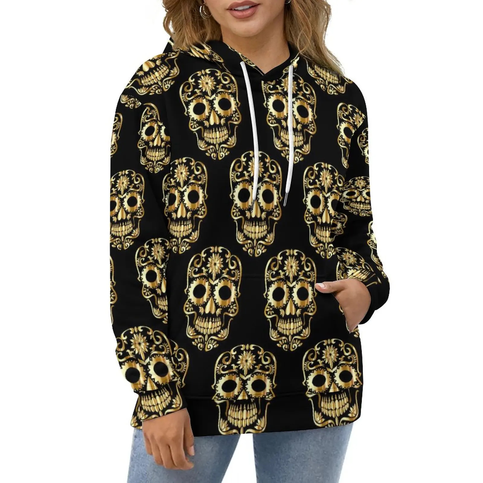 Gold Sugar Skull Hoodies Abstract Skulls Hip Hop Oversized Hoodie Women Long Sleeve Cool Custom Casual Sweatshirts