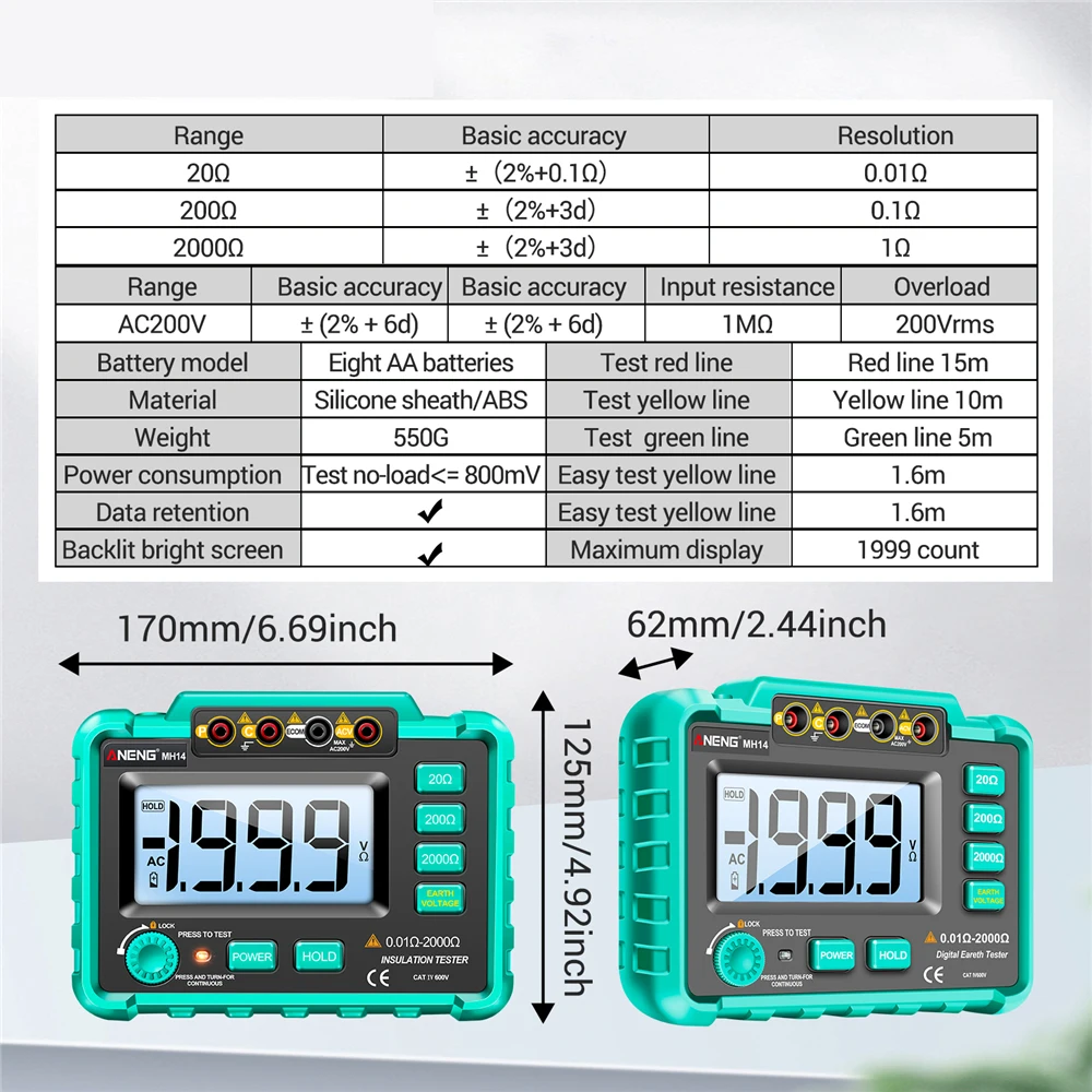 ANENG MH14 Digital Insulation Resistance Tester 1999 Counts Auto Ranges Megohmmeter 0-2000Ohm Voltmeter Ohm Detector Tools