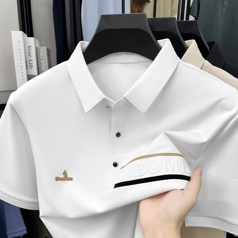 Fashion brand short sleeve polo shirt men's high-end new personality letter embossed summer business casual breathable T-shirt