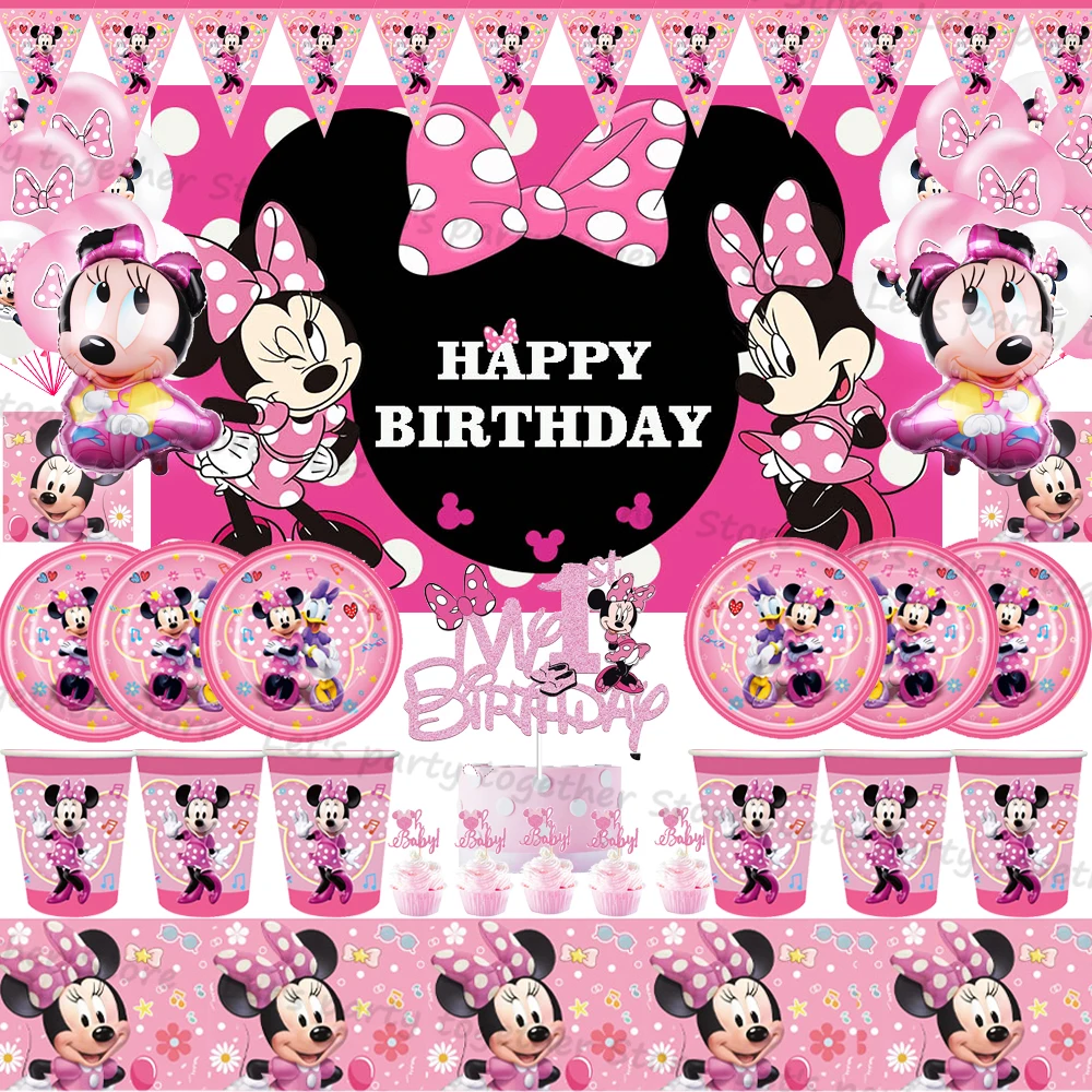 

New Minnie Girls Birthday Party Tableware Supplies Paper Plate Cup Napkin Baby Shower Ballon DIY Event Party Decoration Gift Bag