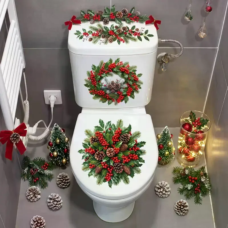 [MOA]Christmas Pine Wreath Toilet Sticker Bathroom Realistic Beach Floor Decal Waterproof Anti Slip Removable Bathtub Decor[MOA