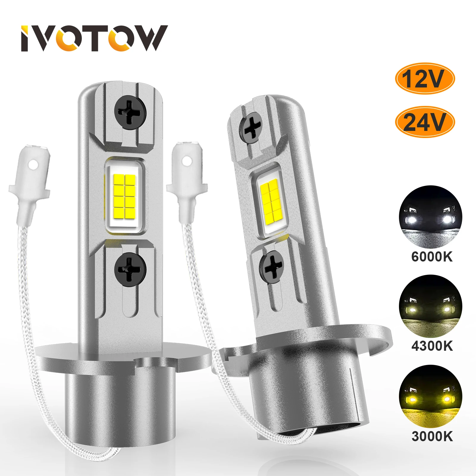 IVOTOW 2Pcs H3 LED Headlight Bulbs Fanless Mini 12000LM 6500K CSP Super Bright High Low Beam for Car Fog Lights 12V headlight