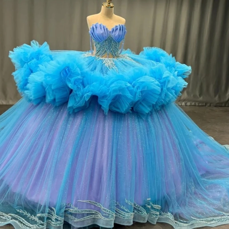 فساتين Quinceanera زرقاء لامعة قبالة الكتف زين الديكور كريستال مشد المتدرج تول القوس حفلة عيد ميلاد الحلو 16 فستان