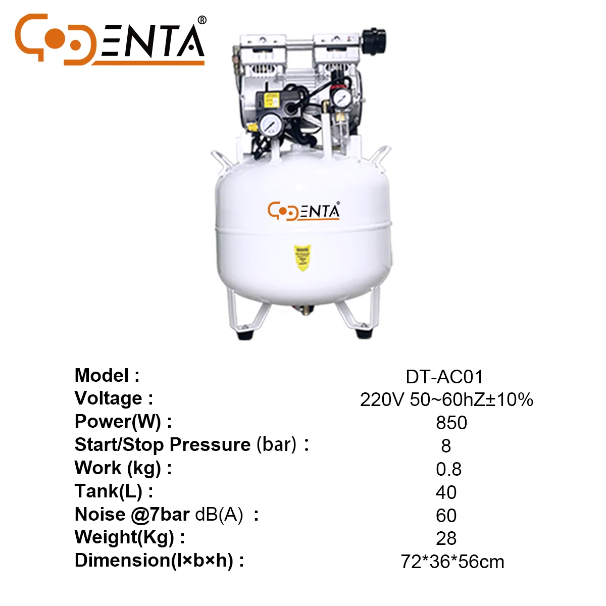 GODENTA  38/40/50L Portable Dental Air Compressor, 850w/1200W/2*850W/840/2*750W Medical Oil-Free Lubricated Air Pump