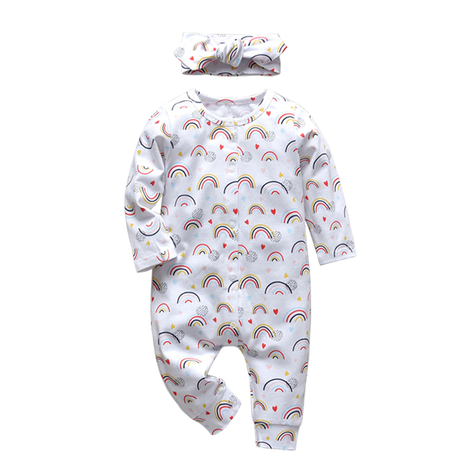 2Pcs Baby Girls Romper Cartoon Rabbit Pattern Cotton Long Sleeve Jumpsuit+Headband Outfits Set Newborn Infant Clothes