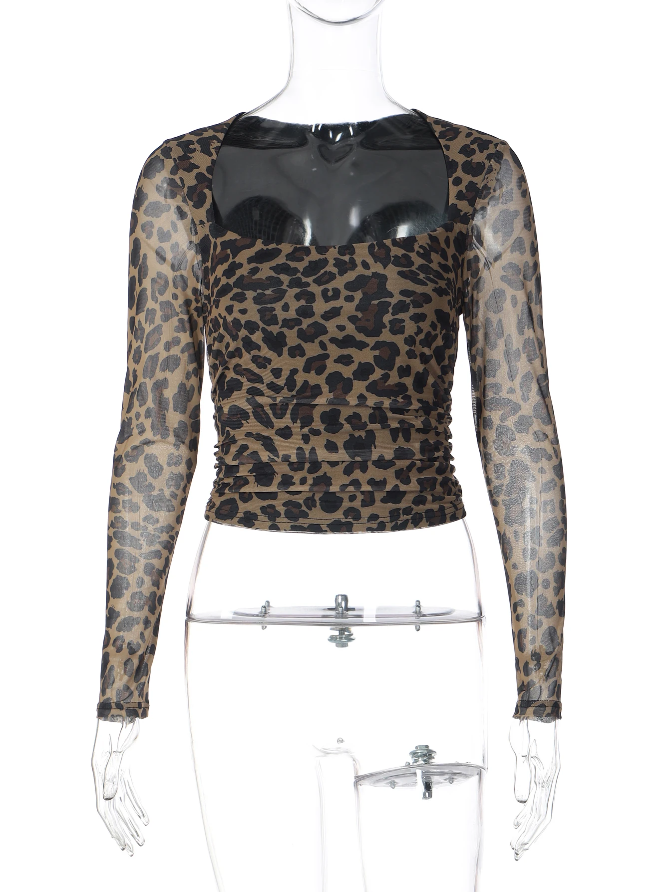 Hugcitar Mode Leopard Print Quadrat Kragen Langarm Sexy Schlank Crop T-Shirt Top Frühling Herbst Frauen Kleidung Urlaub Party