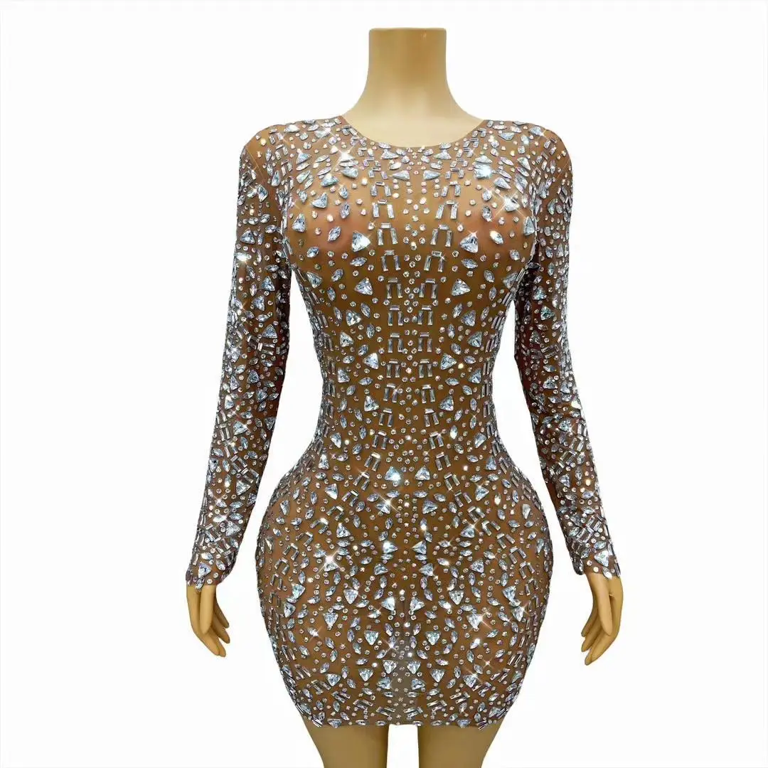 Sexy transparente Diamanten kurzes Kleid Geburtstag Abschluss feiern Kleid Tanz lange Ärmel Outfit Sänger Kostüm Sanji aosuo