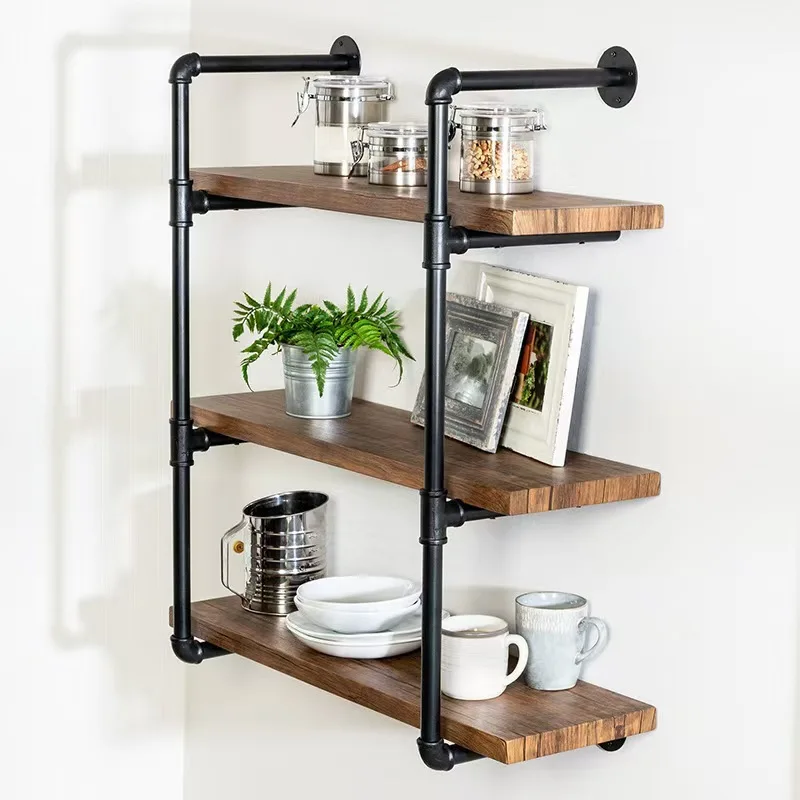 

Wrought iron water pipe shelf living room wall creative wall hanging storage rack retro solid wood baffle hanging basket