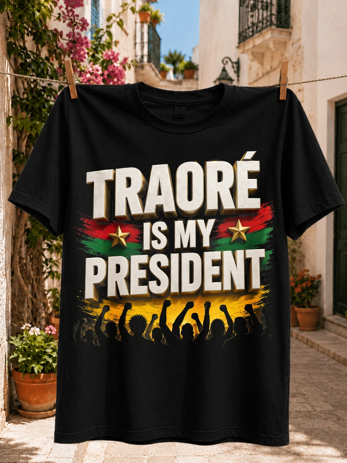 Political Graphic with Traore Is My President Text Mali Colors Gold Stars and Cheering Crowd Front  Unisex All T-Shirt