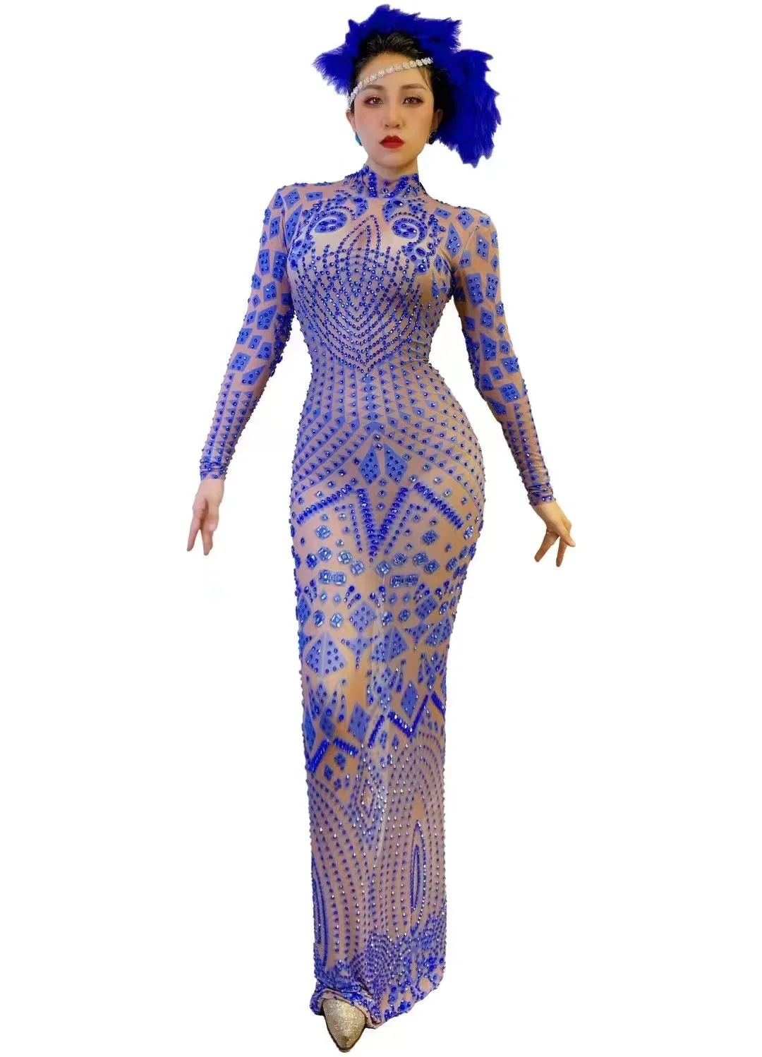 

GlistenBlueRhinestoneTransparentLongDressPromEveningBirthdayCelebrate MeshOutfitWomenDancerShowDress