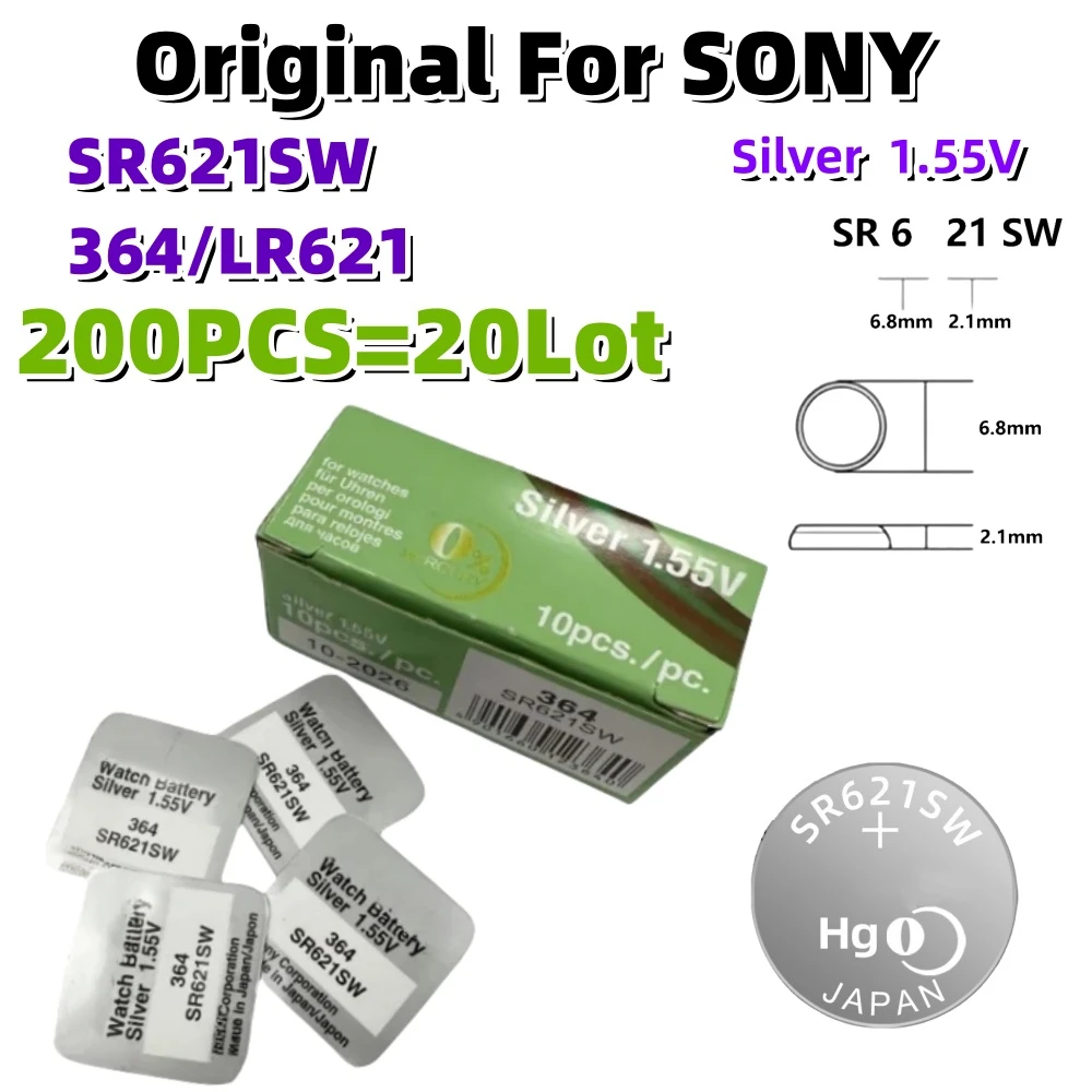 

200 шт. оригинальный кнопочный Аккумулятор для SONY AG1 LR621 364 164 531 SR621 SR621SW SR60 CX60, батарейка для часов, игрушек, пульт дистанционного управления, батарейка для монет